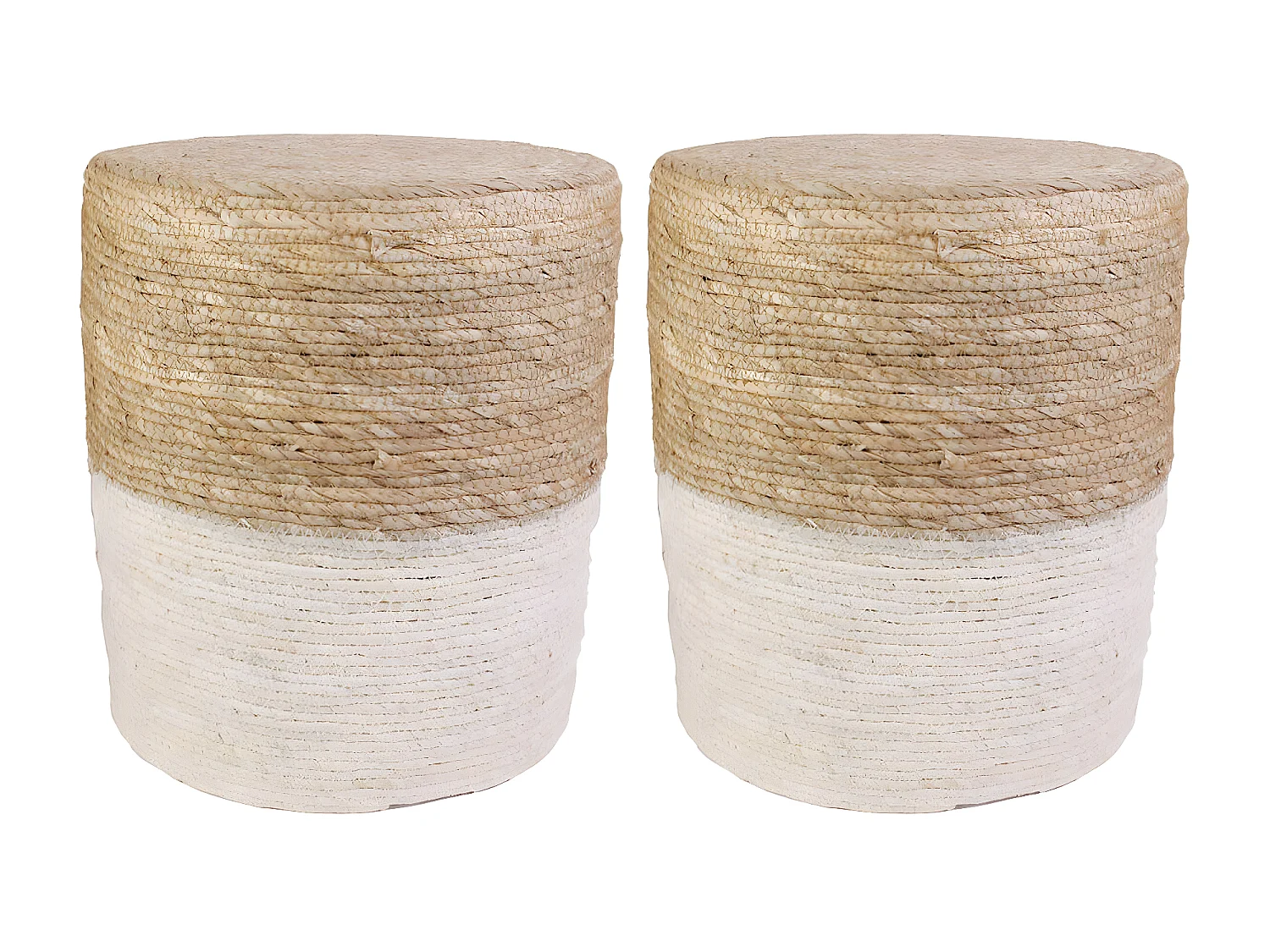 ESTANY - Lot de 2 Poufs Ronds Tressés Naturel et Beige