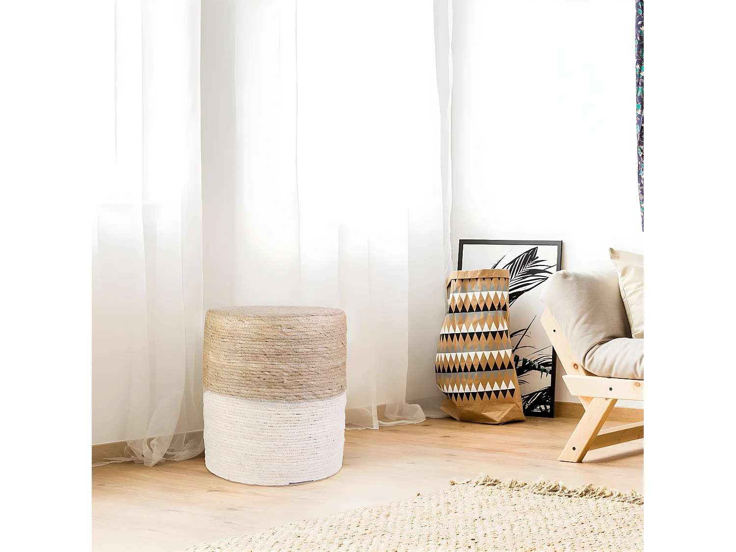 ESTANY - Lot de 2 Poufs Ronds Tressés Naturel et Beige