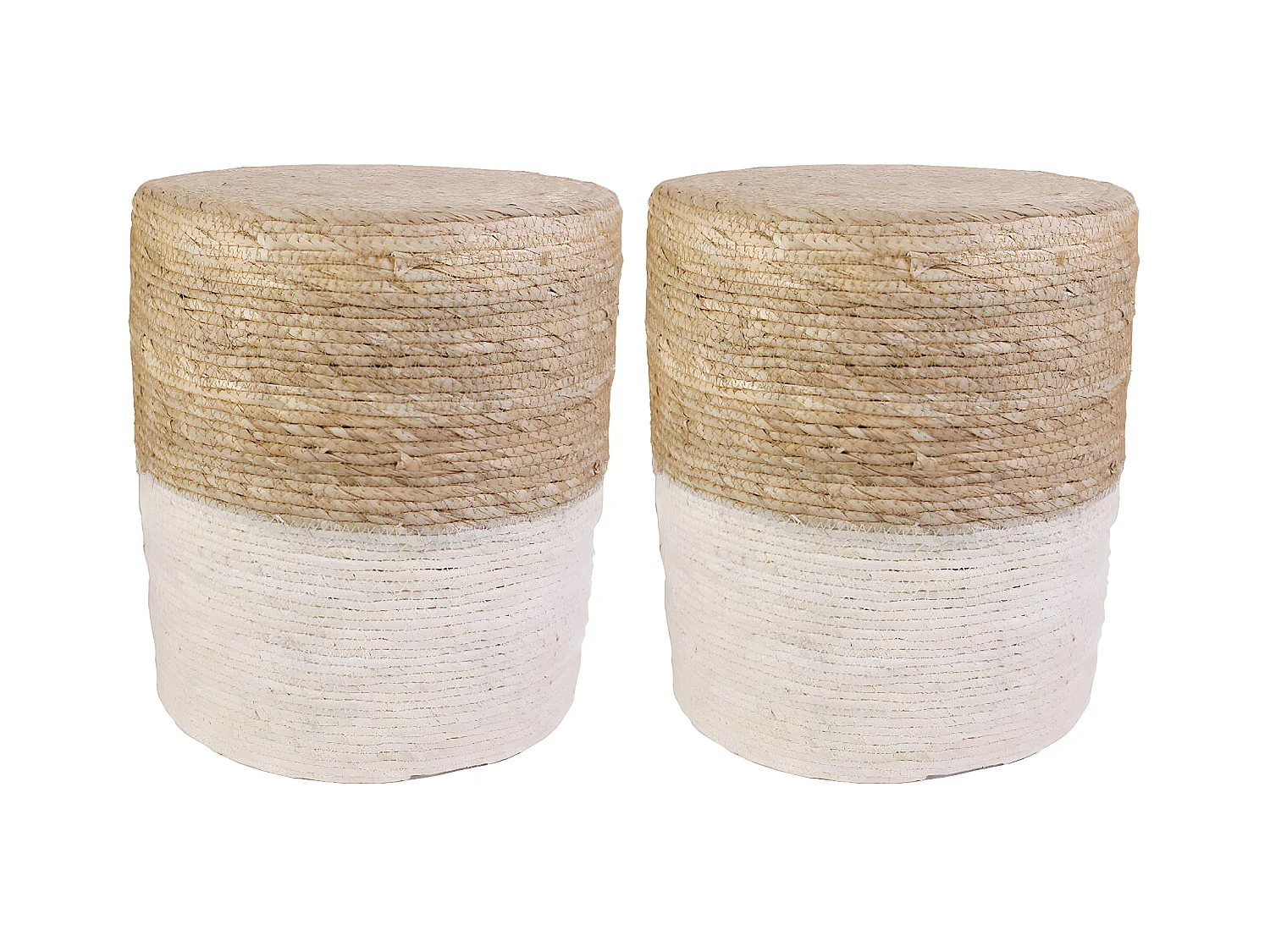 ESTANY - Lot de 2 Poufs Ronds Tressés Naturel et Beige