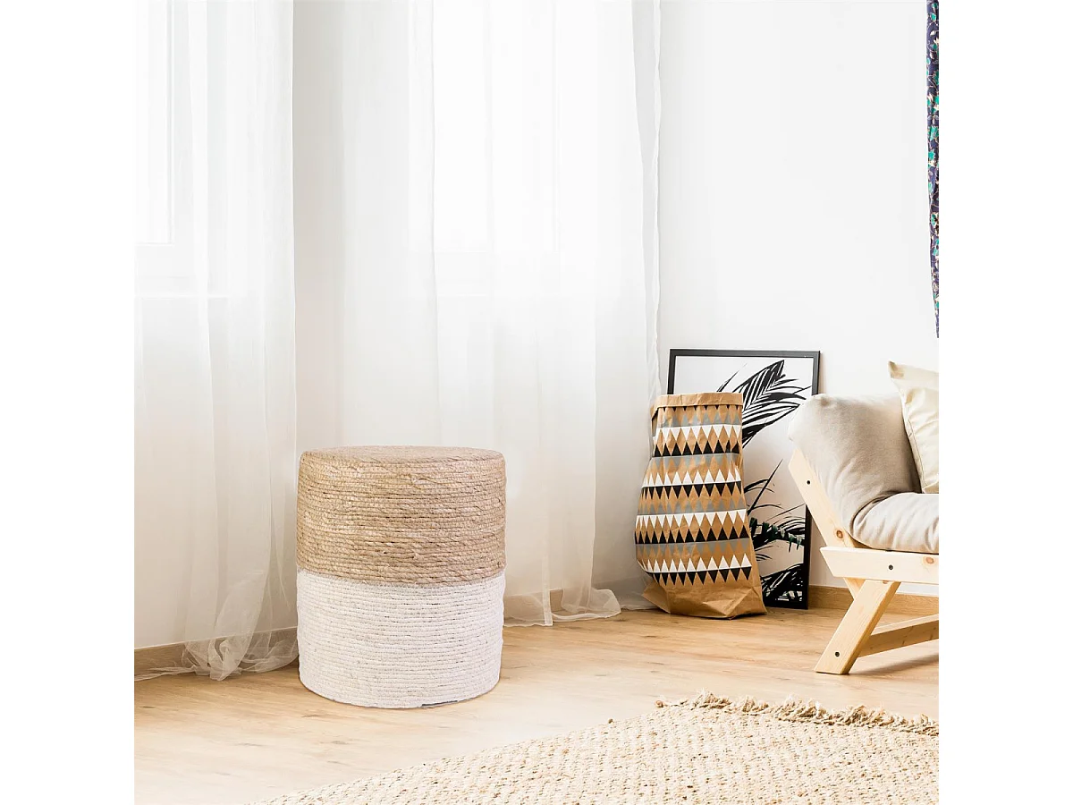 ESTANY - Lot de 2 Poufs Ronds Tressés Naturel et Beige