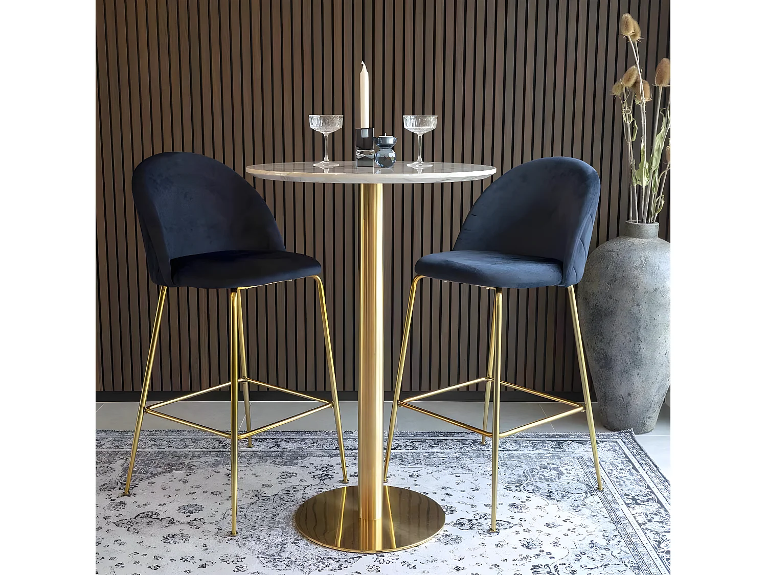 TYROL - Table Haute Ø70cm Aspect Marbré et Pied Métal Doré