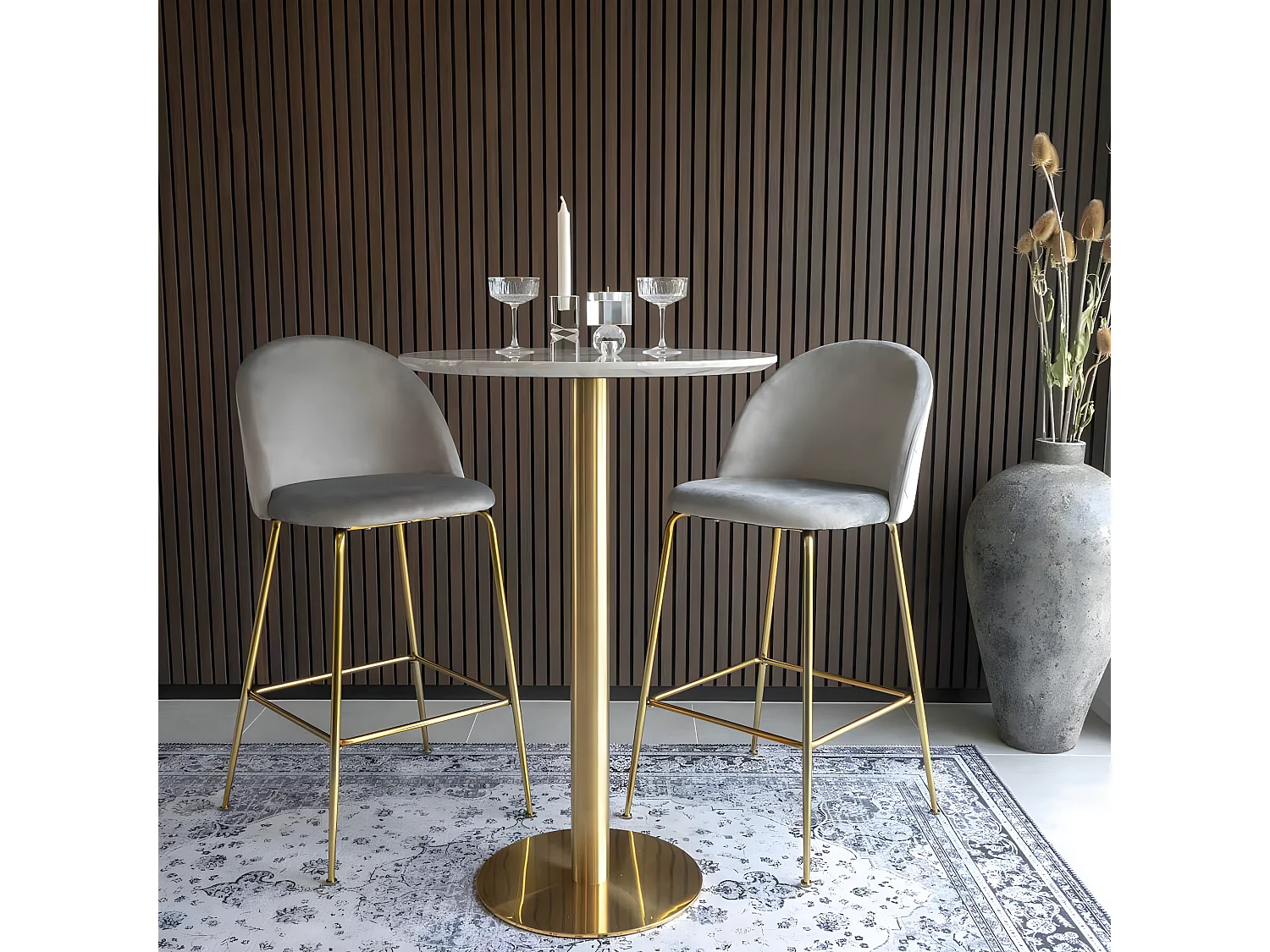 TYROL - Table Haute Ø70cm Aspect Marbré et Pied Métal Doré