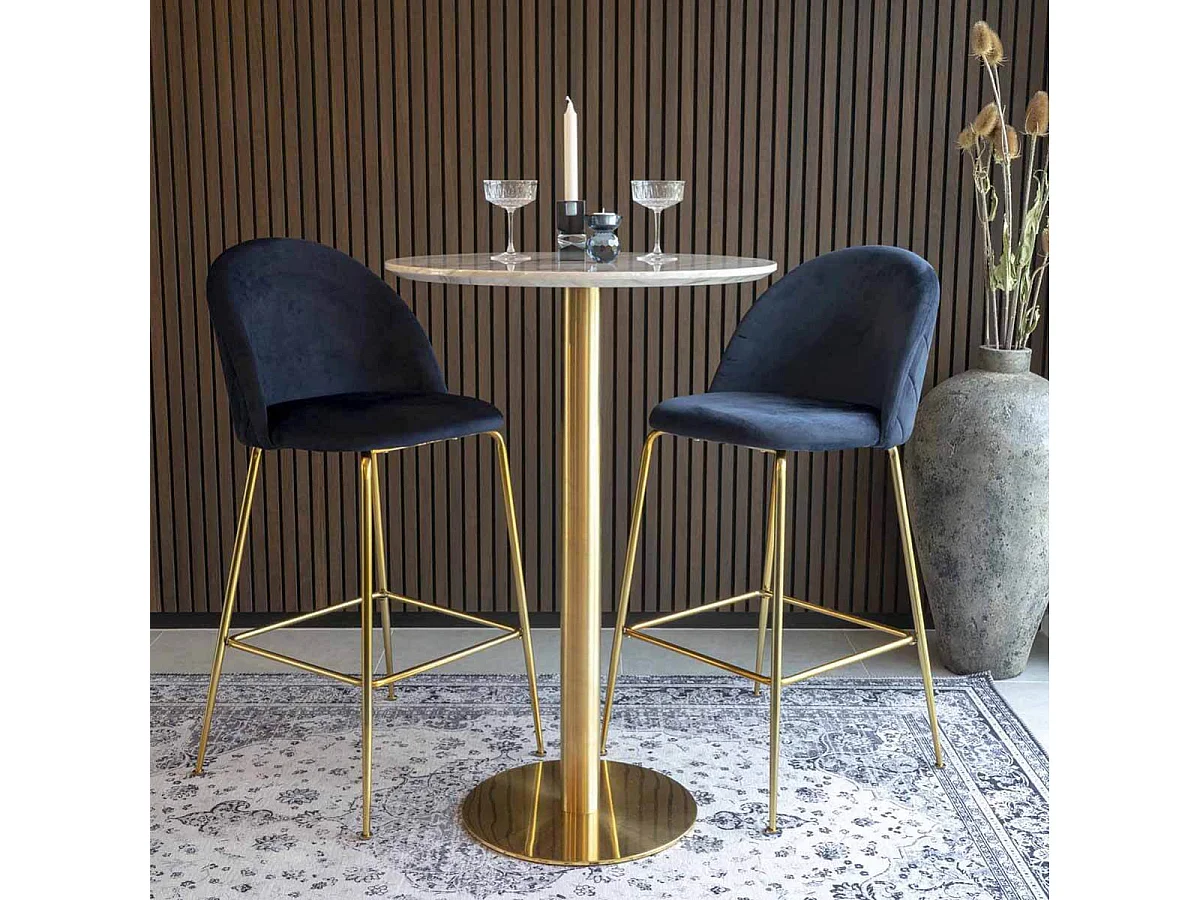 TYROL - Table Haute Ø70cm Aspect Marbré et Pied Métal Doré