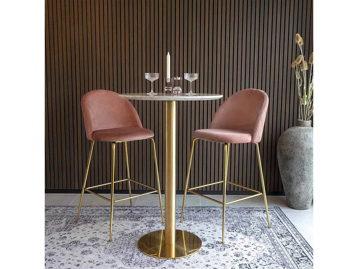 TYROL - Table Haute Ø70cm Aspect Marbré et Pied Métal Doré