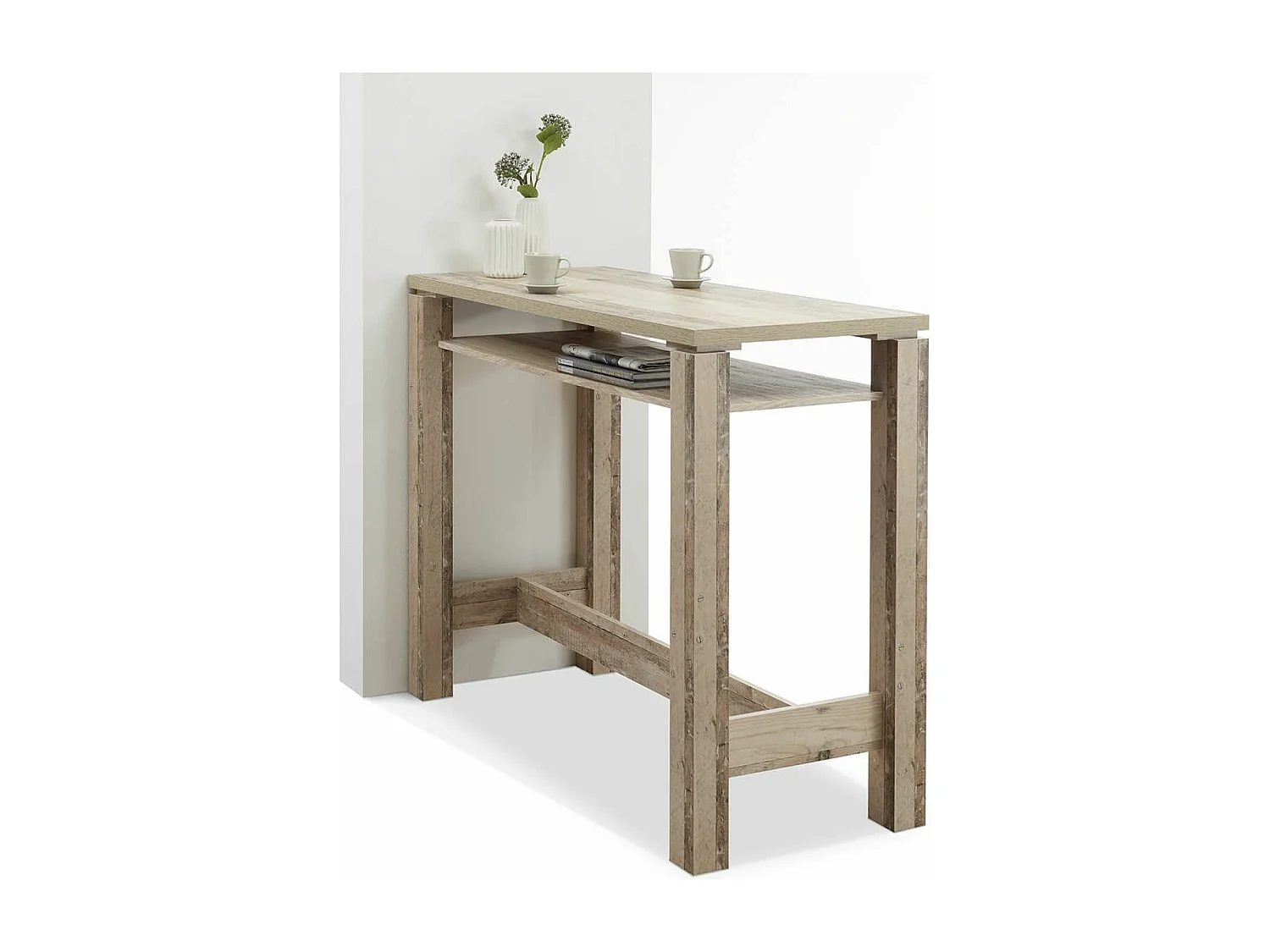 COOKIE - Table Bar 120cm avec Etagère Aspect Bois Vieilli