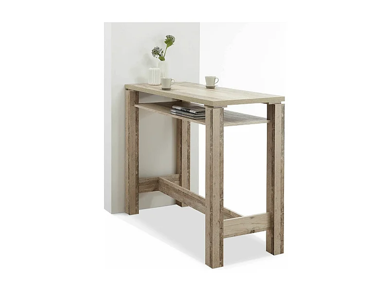 COOKIE - Table Bar 120cm avec Etagère Aspect Bois Vieilli