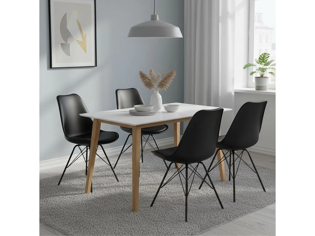GRAM - Ensemble Table Naturelle et Blanche + 4 Chaises Noires