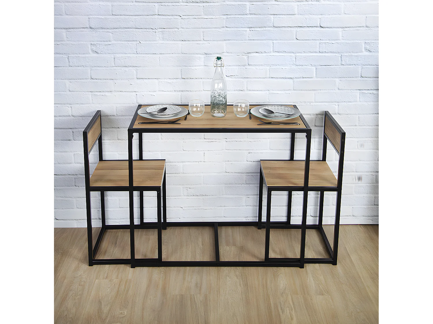 OTALIA - Ensemble Table et 2 Chaises Métal et Aspect Bois