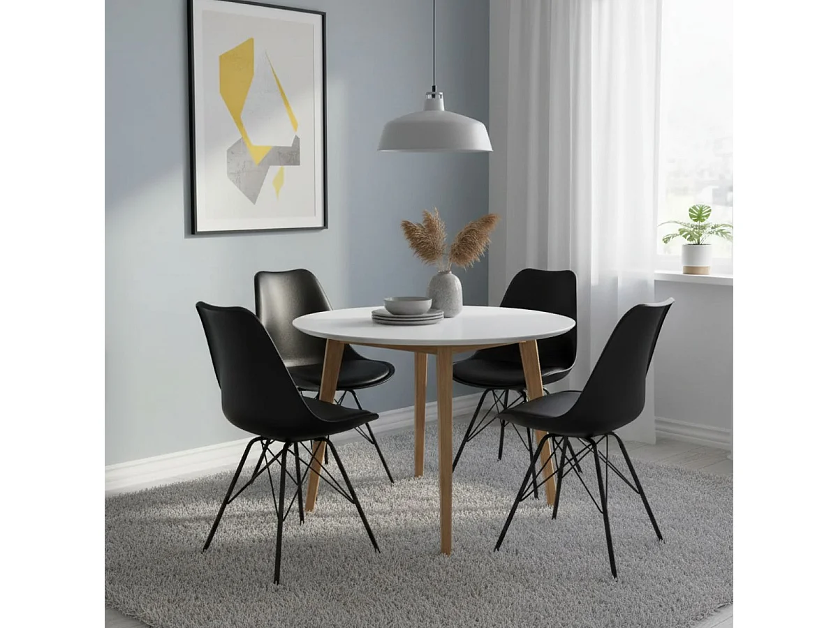 GRAM - Ensemble Table Ronde Naturelle et Blanche + 4 Chaises Noires