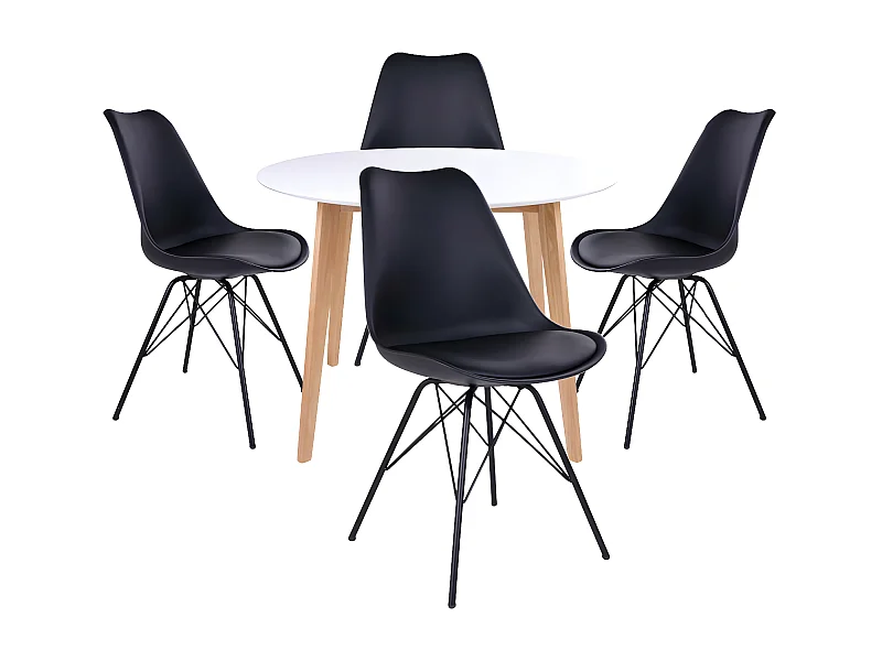 GRAM - Ensemble Table Ronde Naturelle et Blanche + 4 Chaises Noires