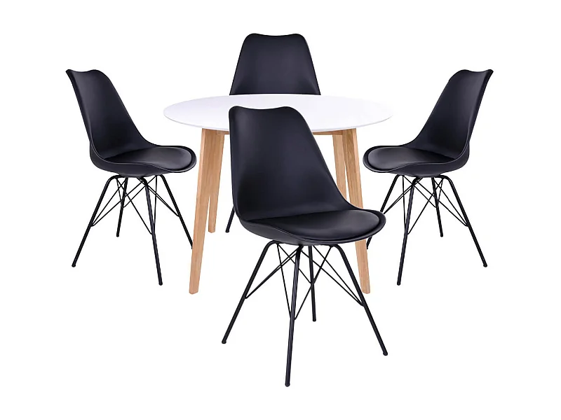 GRAM - Ensemble Table Ronde Naturelle et Blanche + 4 Chaises Noires
