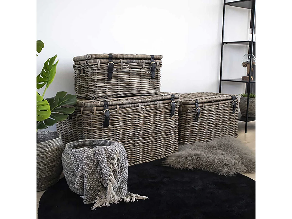 TOCON - Lot de 3 Paniers en Rotin avec Lanières en Cuir