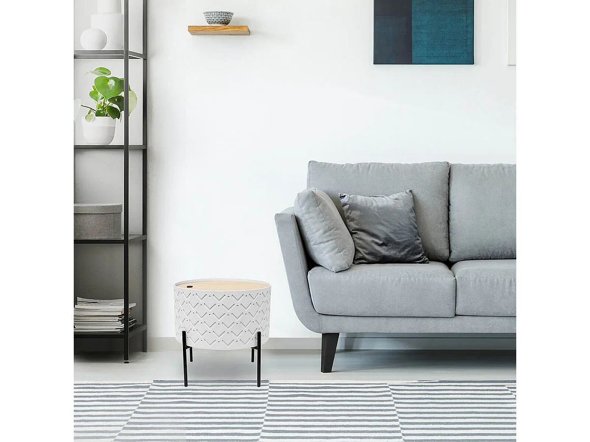 CORALLY - Table d'Appoint Ronde Blanche avec Coffre