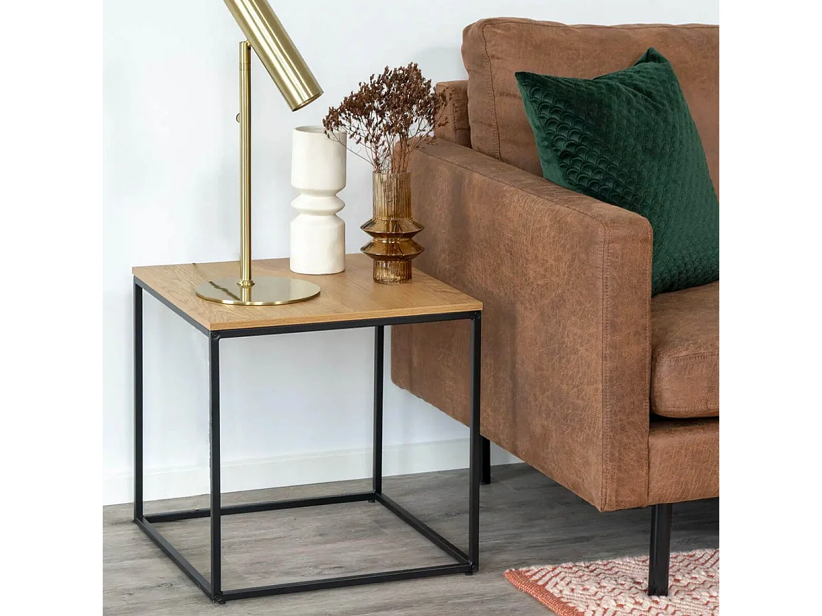 VOLLRAD - Bout de Canapé Carré Acier et Bois Aspect Naturel