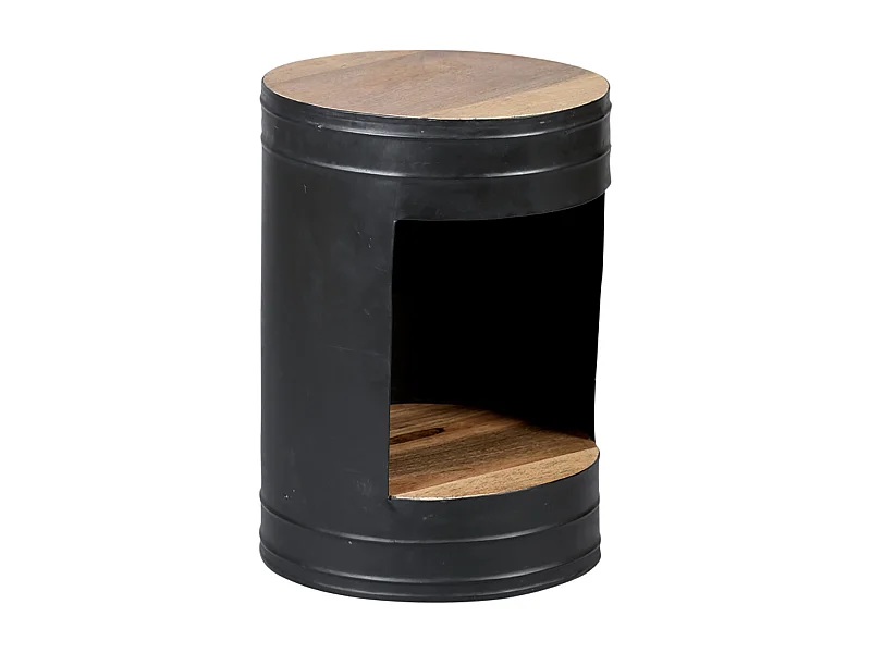 INDUS - Guéridon Rond Industriel en Acier avec Plateau en Bois de Palissandre