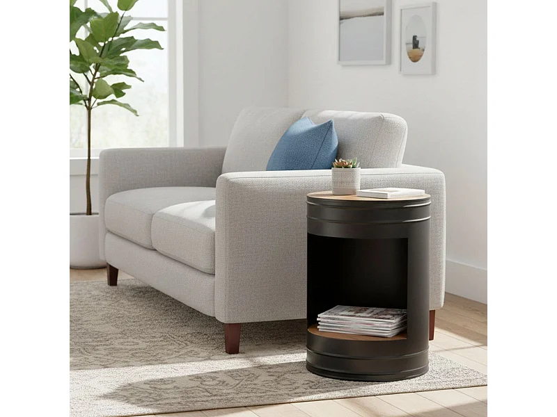 INDUS - Guéridon Rond Industriel en Acier avec Plateau en Bois de Palissandre