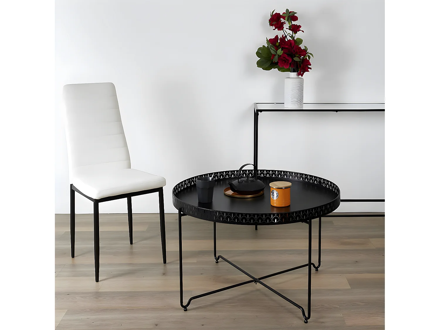 PLATO - Table d'Appoint Noire Plateau Rond 78cm