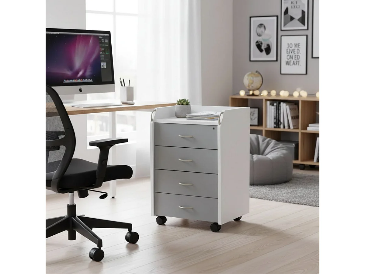 OKLOC - Caisson 4 Tiroirs sur Roulettes Blanc