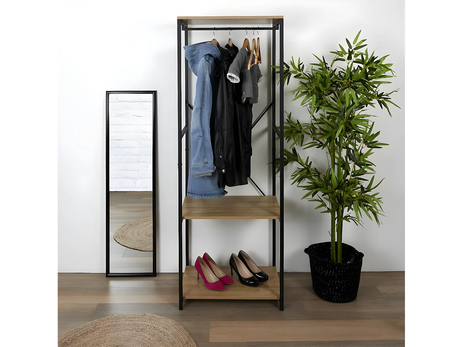 STAVI - Portant avec Etagères Métal Noir Plateaux Effet Bois