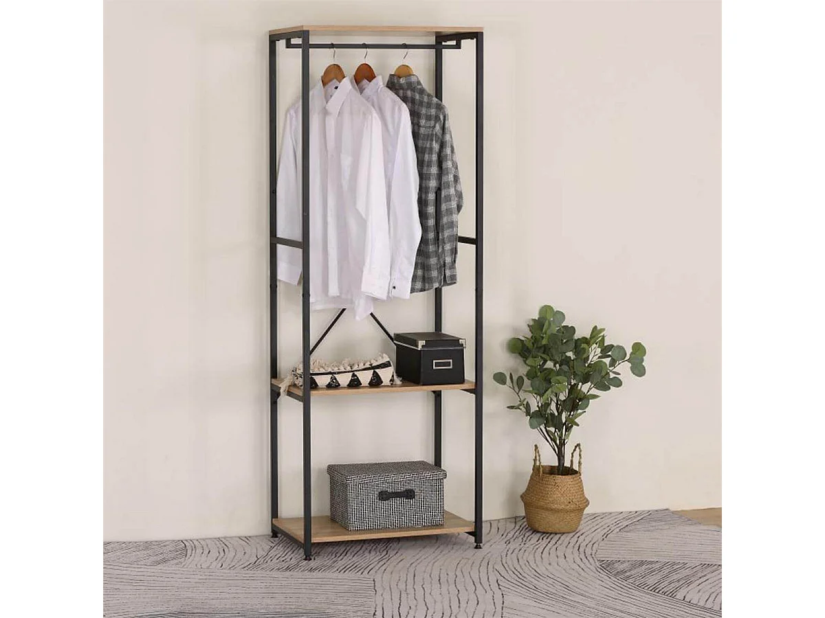 STAVI - Portant avec Etagères Métal Noir Plateaux Effet Bois