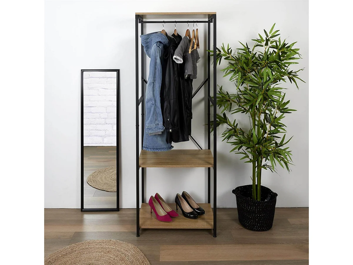 STAVI - Portant avec Etagères Métal Noir Plateaux Effet Bois