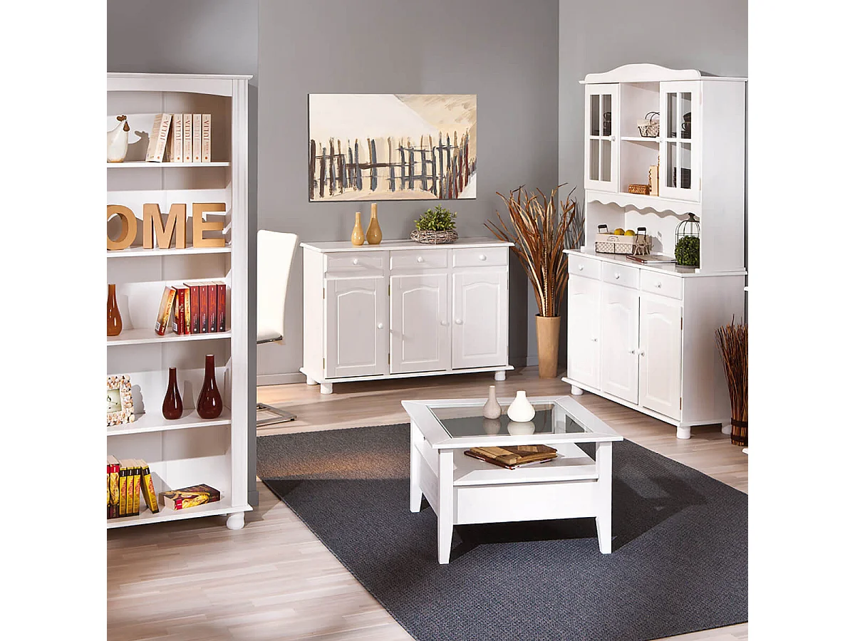 LAURIE - Buffet 3 Portes 3 Tiroirs Bois Massif Vernis Blanc