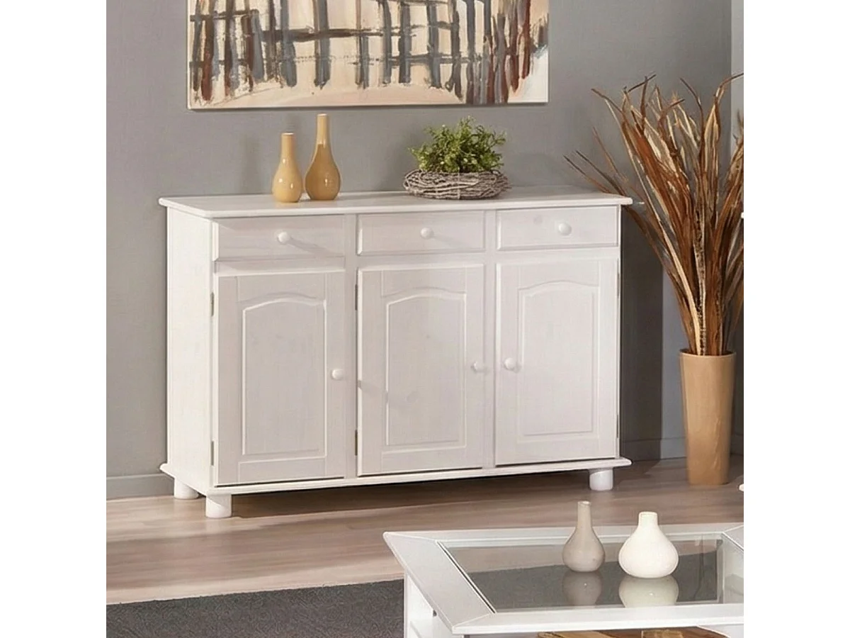 LAURIE - Buffet 3 Portes 3 Tiroirs Bois Massif Vernis Blanc