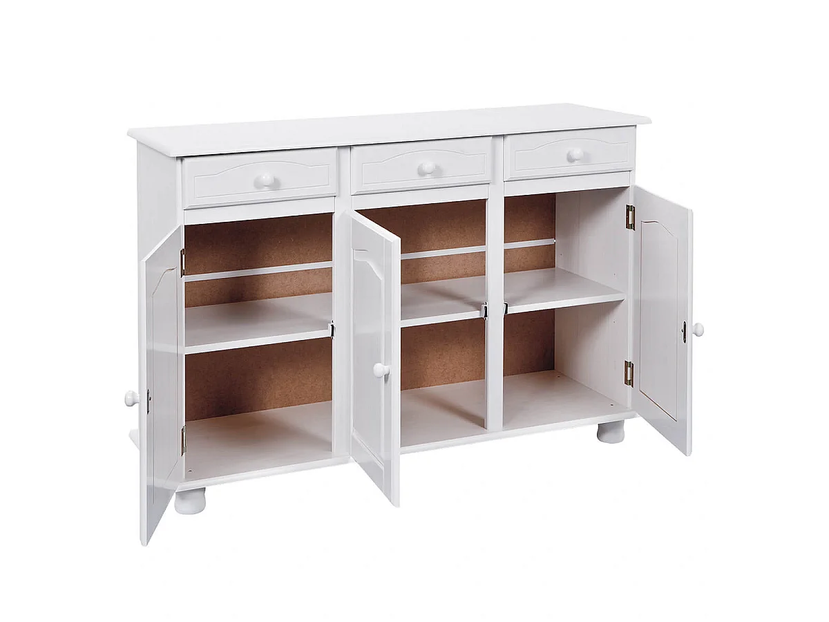 LAURIE - Buffet 3 Portes 3 Tiroirs Bois Massif Vernis Blanc