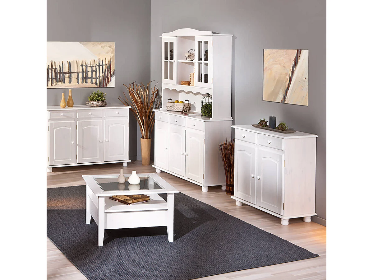 LAURIE - Meuble 2 Portes 2 Tiroirs Bois Massif Vernis Blanc