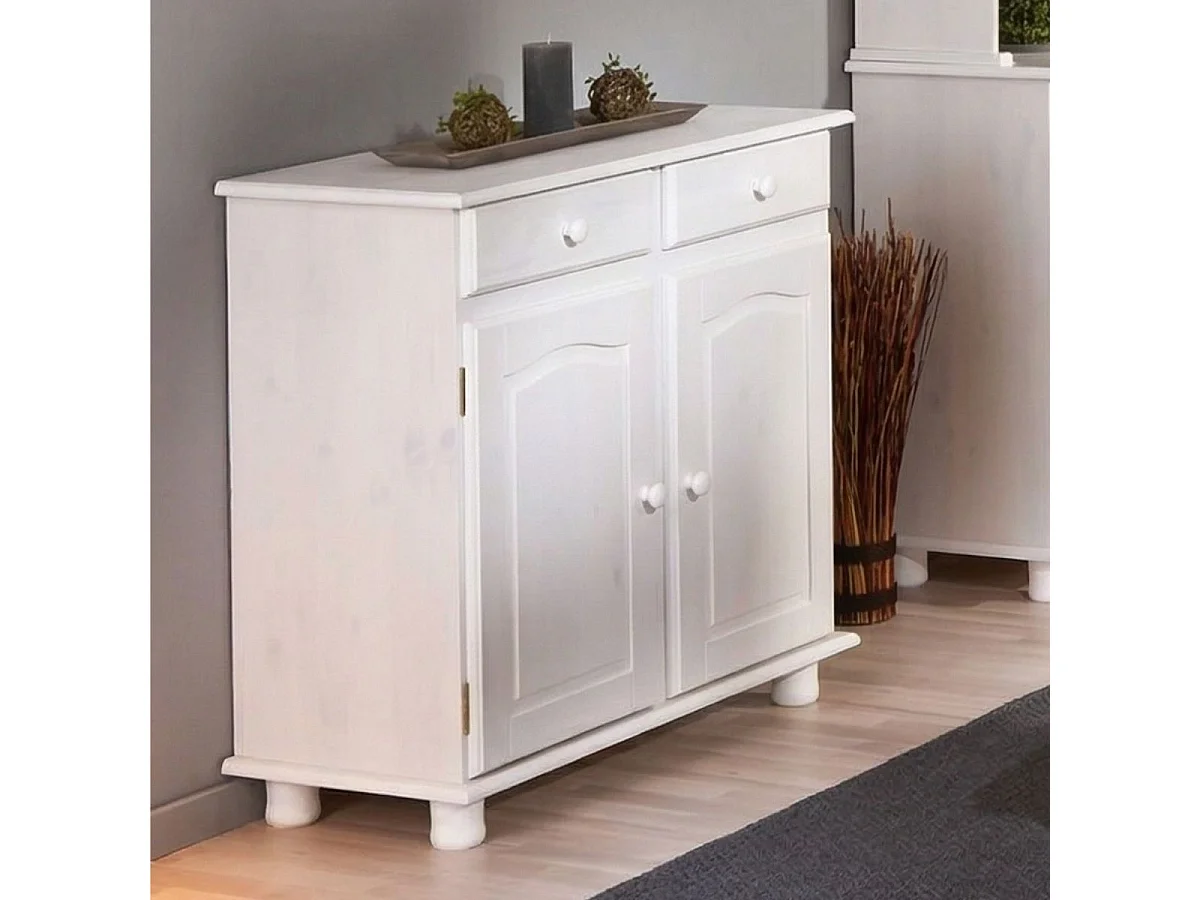 LAURIE - Meuble 2 Portes 2 Tiroirs Bois Massif Vernis Blanc