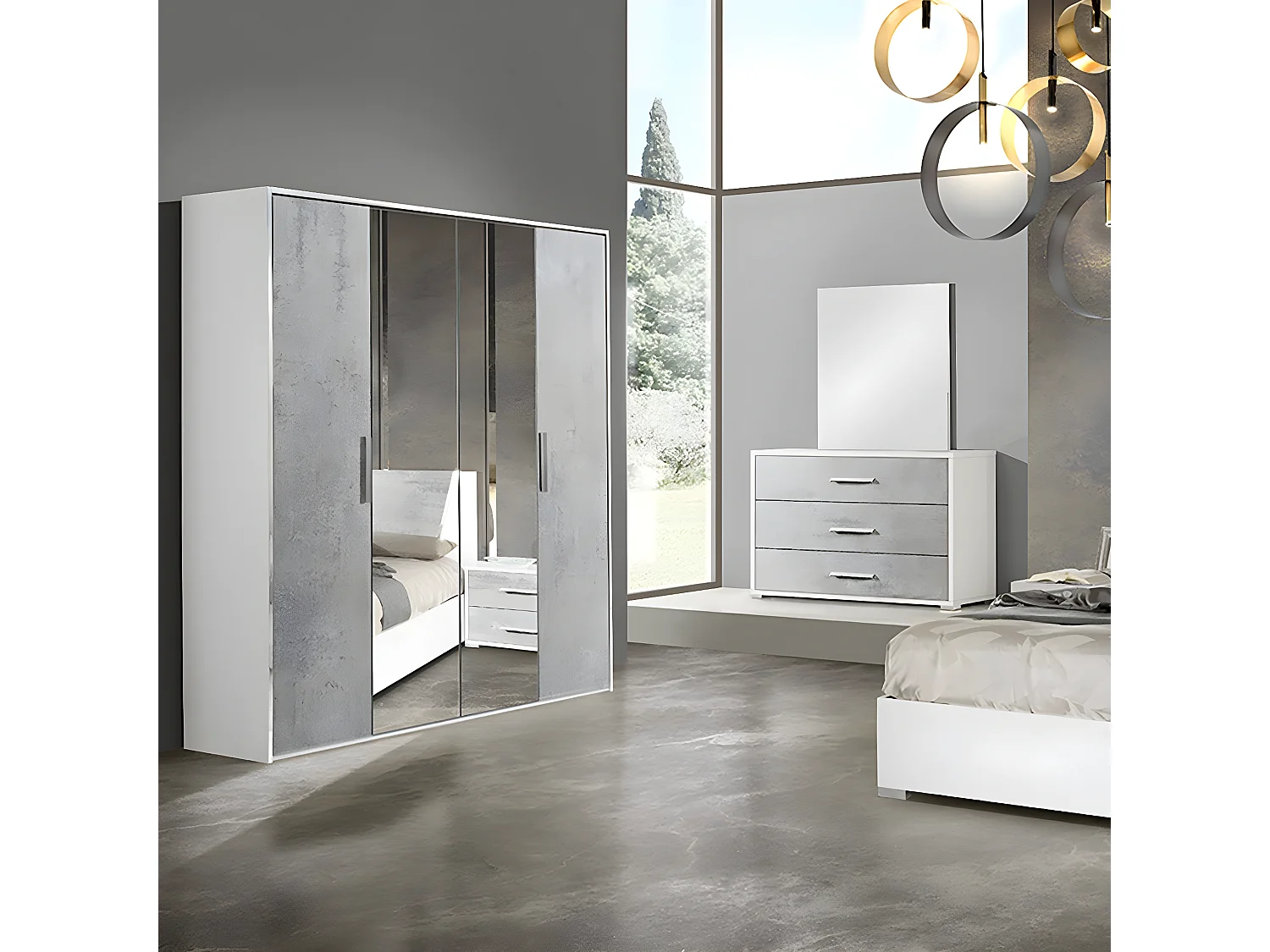 LANA - Armoire 4 Portes avec Penderie et Miroir