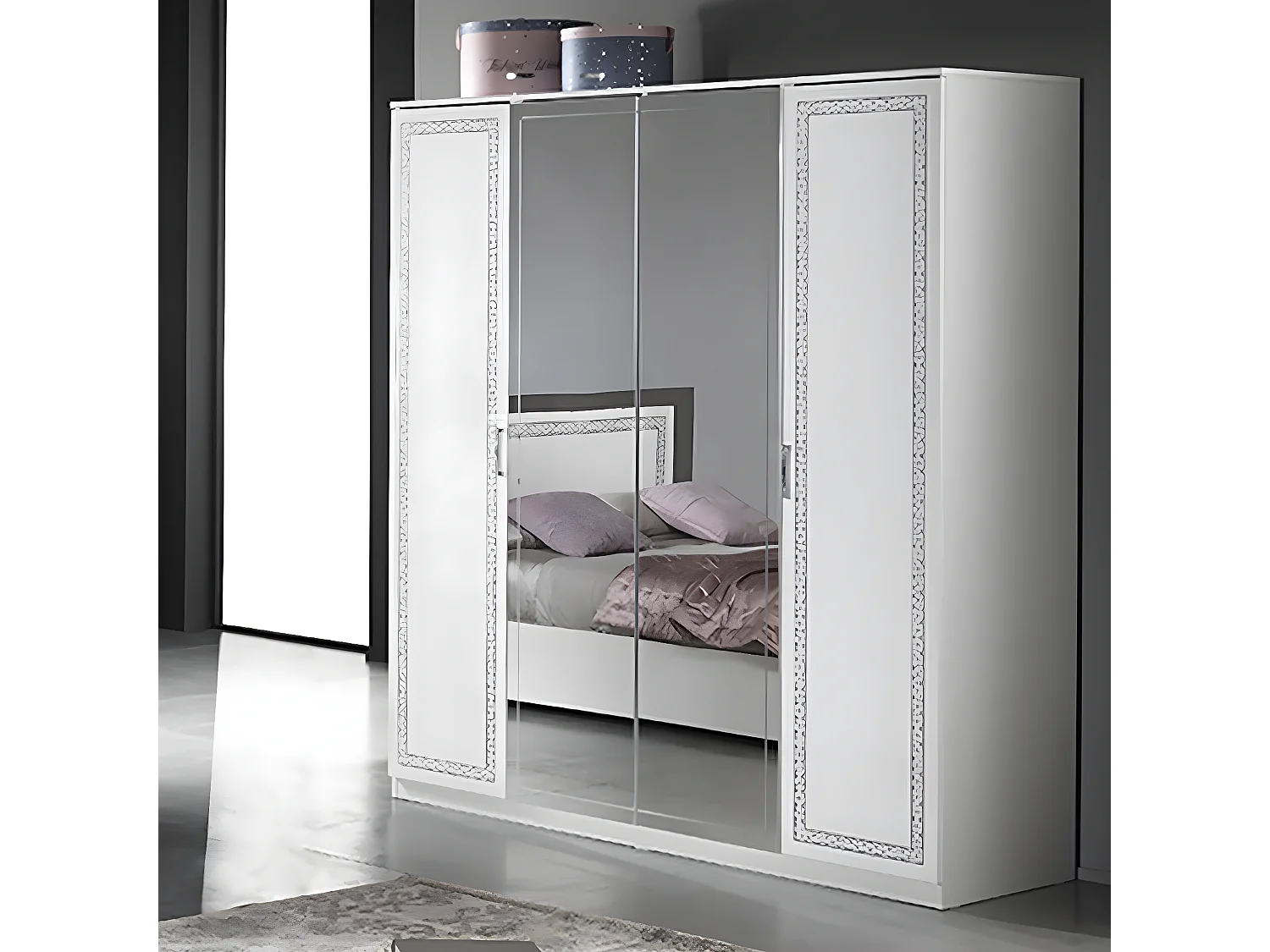 FADILY - Armoire 4 Portes Laquée Blanc avec Sérigraphies