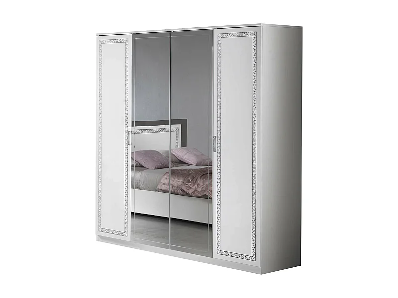 FADILY - Armoire 4 Portes Laquée Blanc avec Sérigraphies