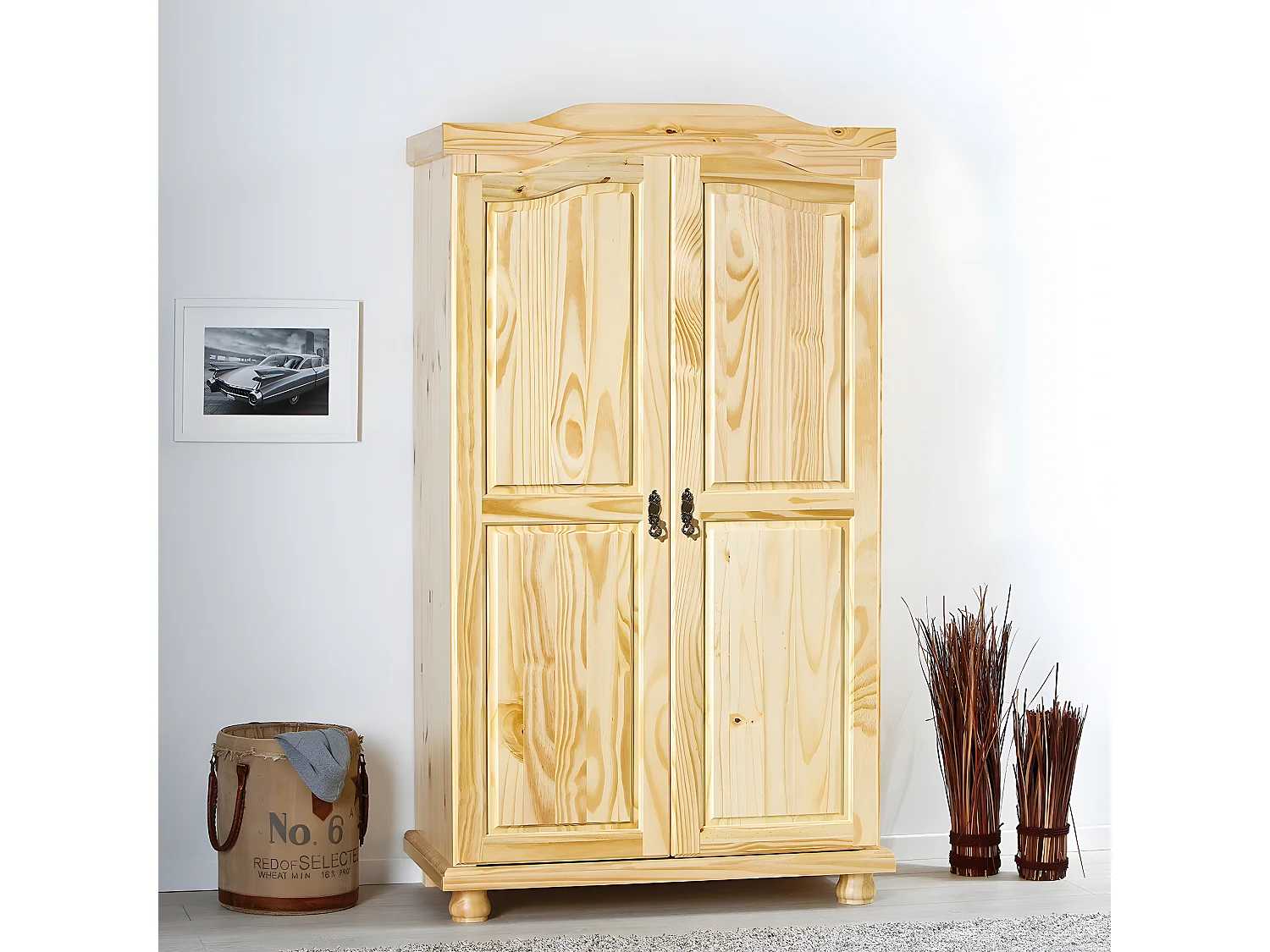 OLIVER - Armoire 2 Portes + Penderie Bois Massif Naturel