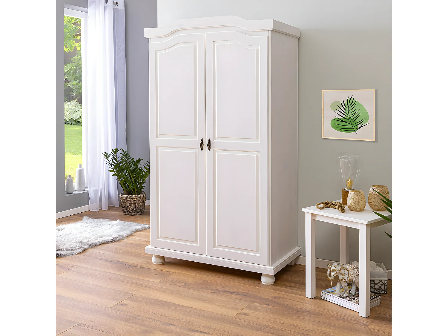 SYDNEY - Armoire 2 Portes + Penderie Bois Massif Vernis Blanc