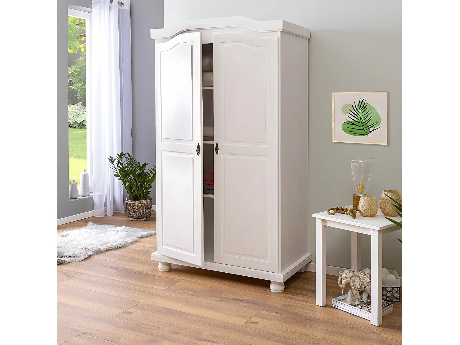 SYDNEY - Armoire 2 Portes + Penderie Bois Massif Vernis Blanc