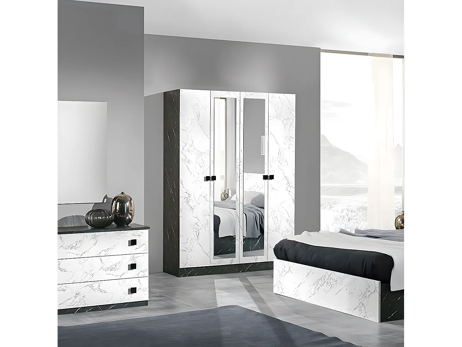 RAKHAM - Armoire 4 Portes avec Miroir Central