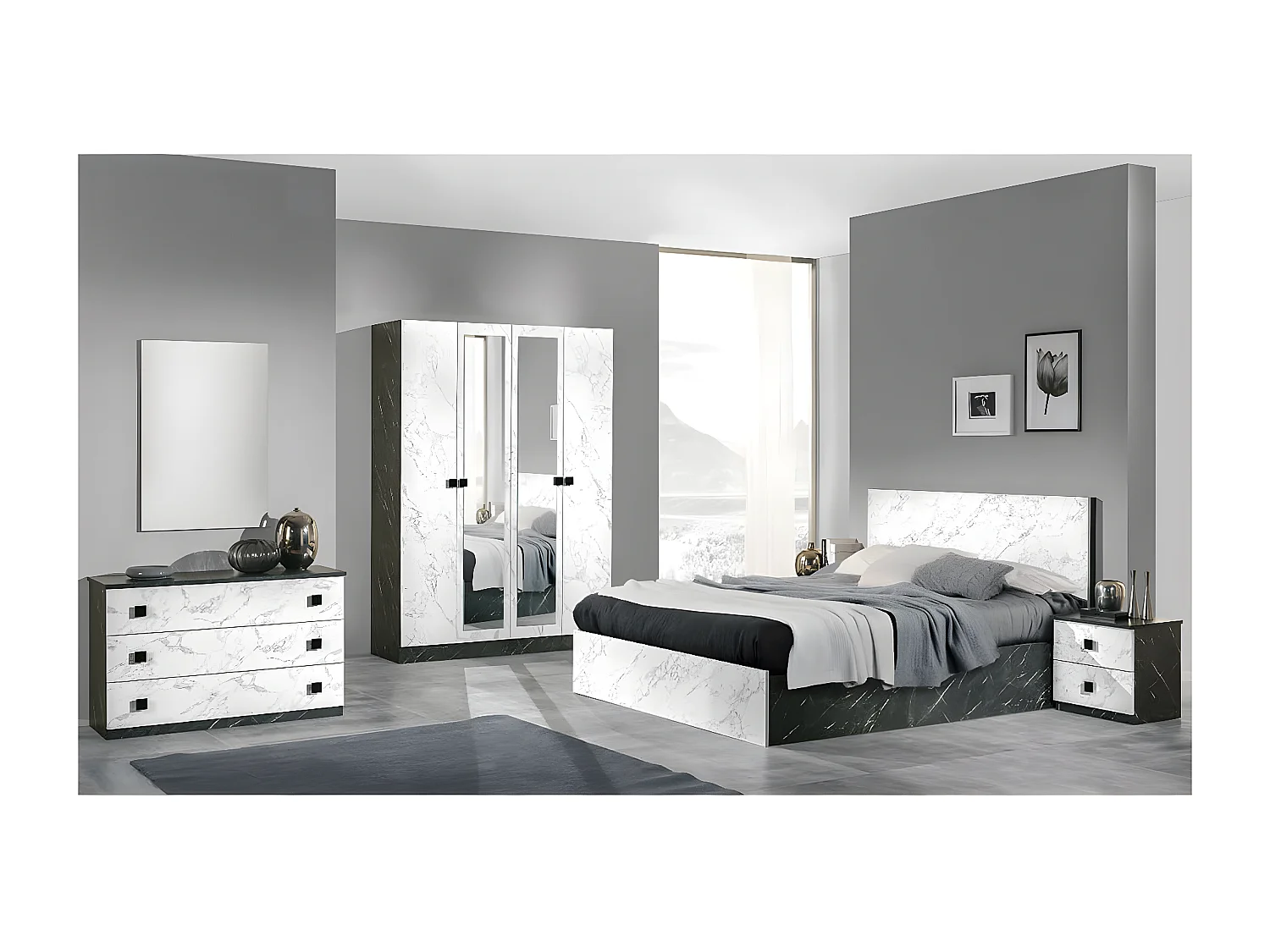 RAKHAM - Armoire 4 Portes avec Miroir Central