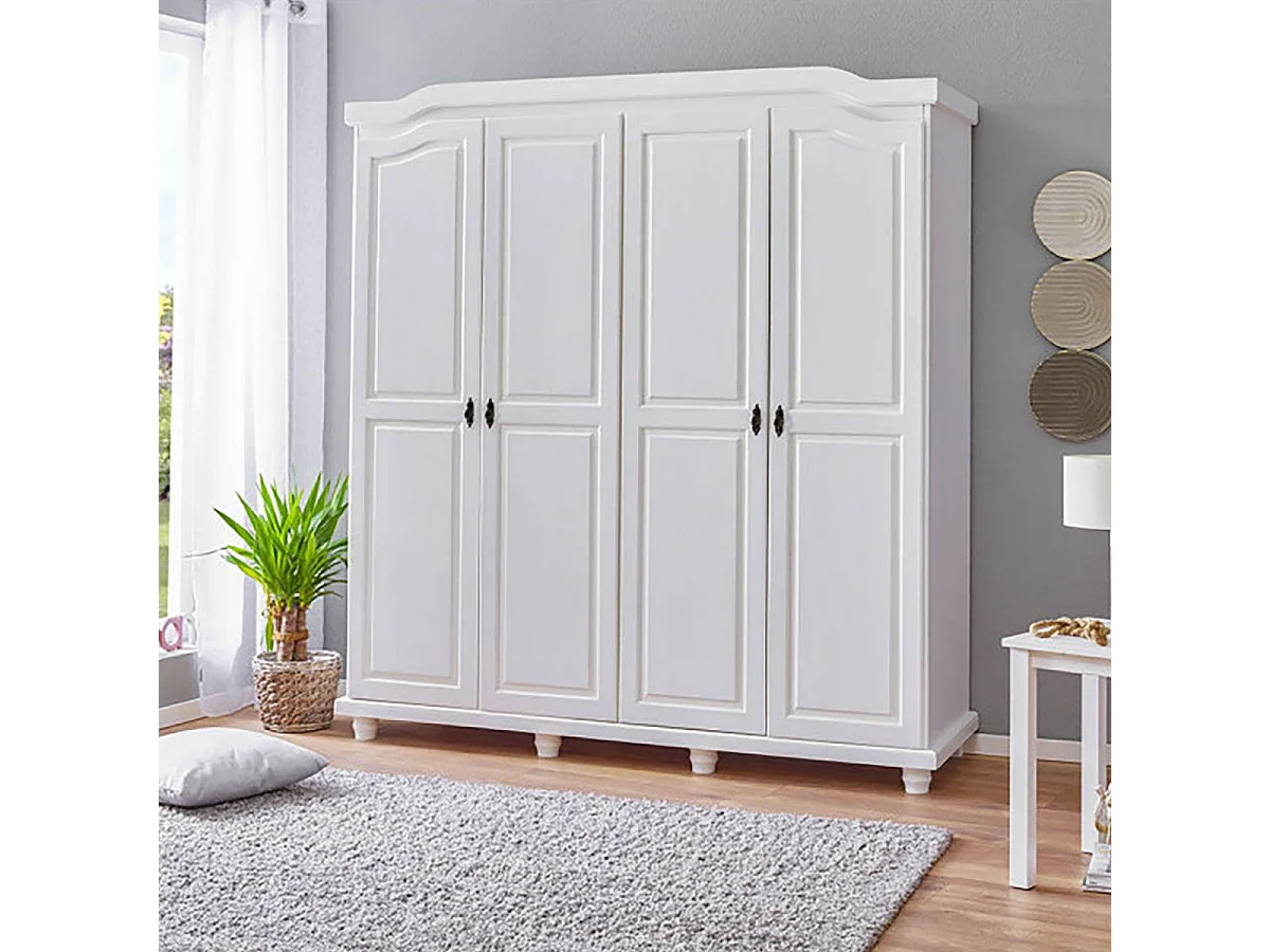 NEDER - Armoire 4 Portes Bois Massif Blanc