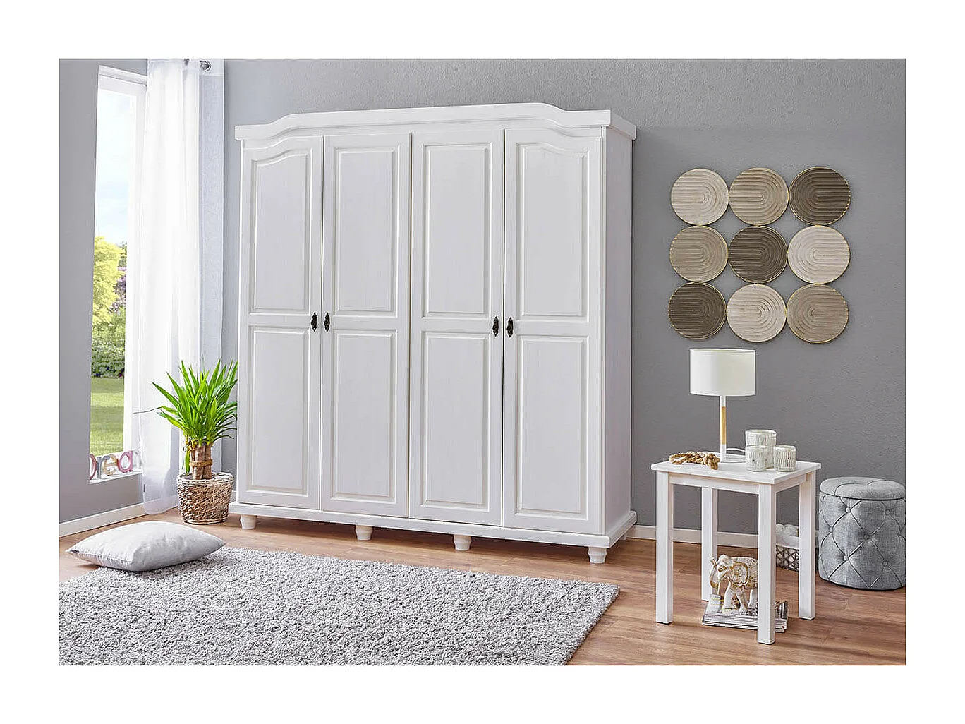 NEDER - Armoire 4 Portes Bois Massif Blanc