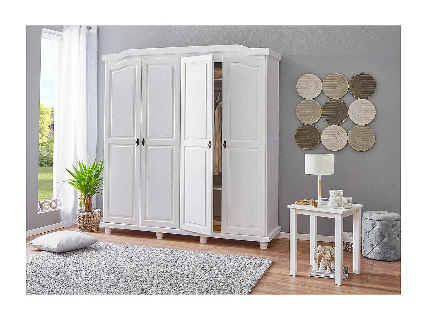 NEDER - Armoire 4 Portes Bois Massif Blanc