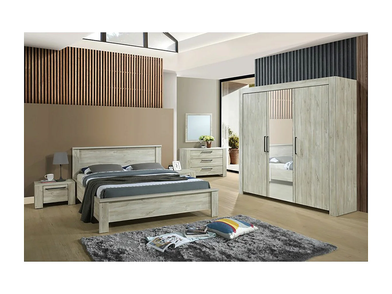 NATURAL - Armoire 3 Portes 210cm Aspect Bois Clair