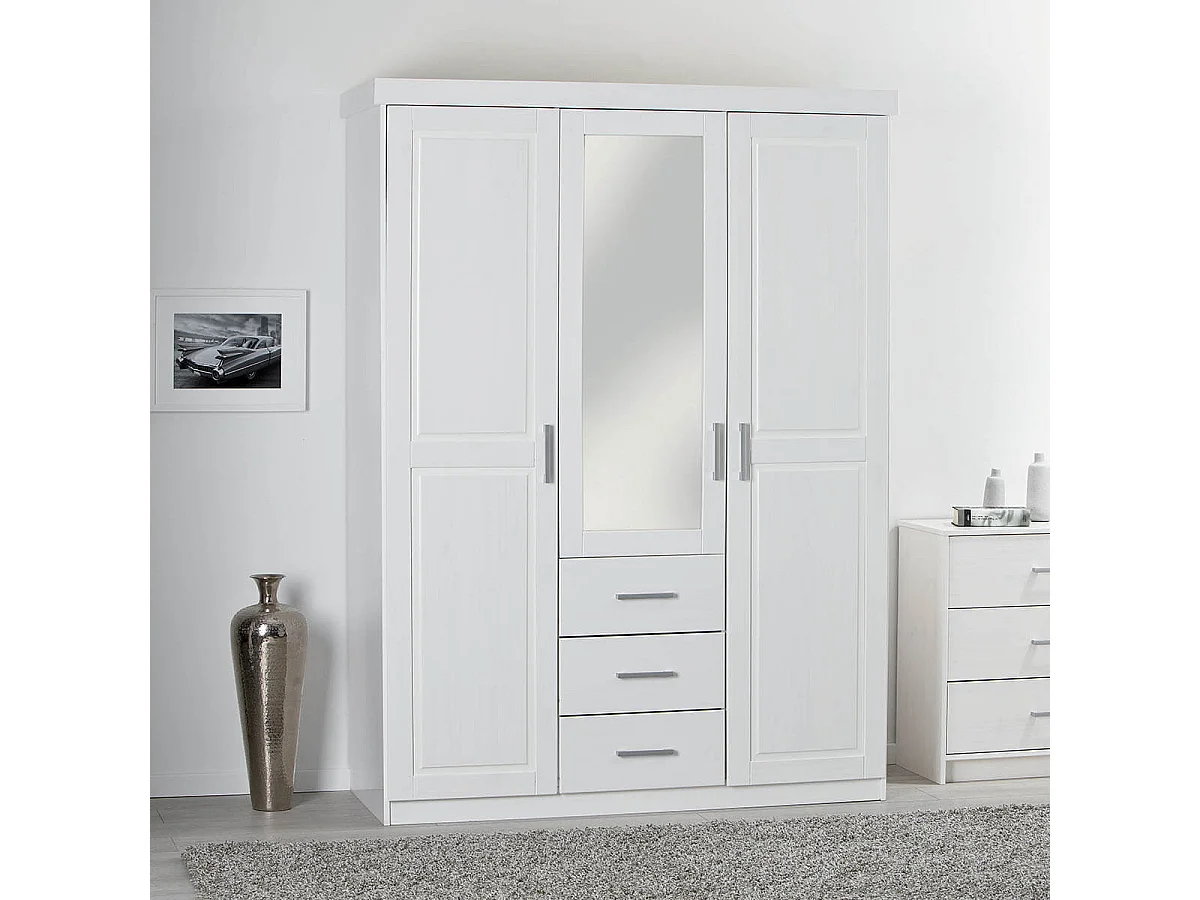 ALASKA - Armoire 3 Portes 1 Miroir Bois Massif Vernis Blanc