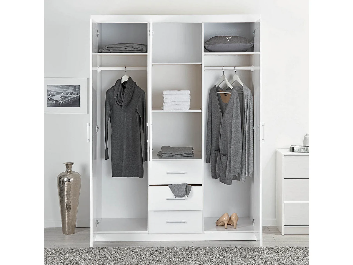 ALASKA - Armoire 3 Portes 1 Miroir Bois Massif Vernis Blanc