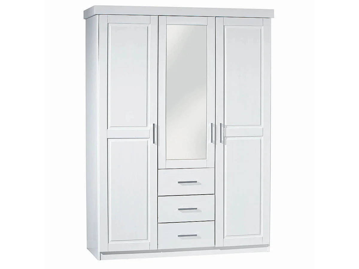 ALASKA - Armoire 3 Portes 1 Miroir Bois Massif Vernis Blanc