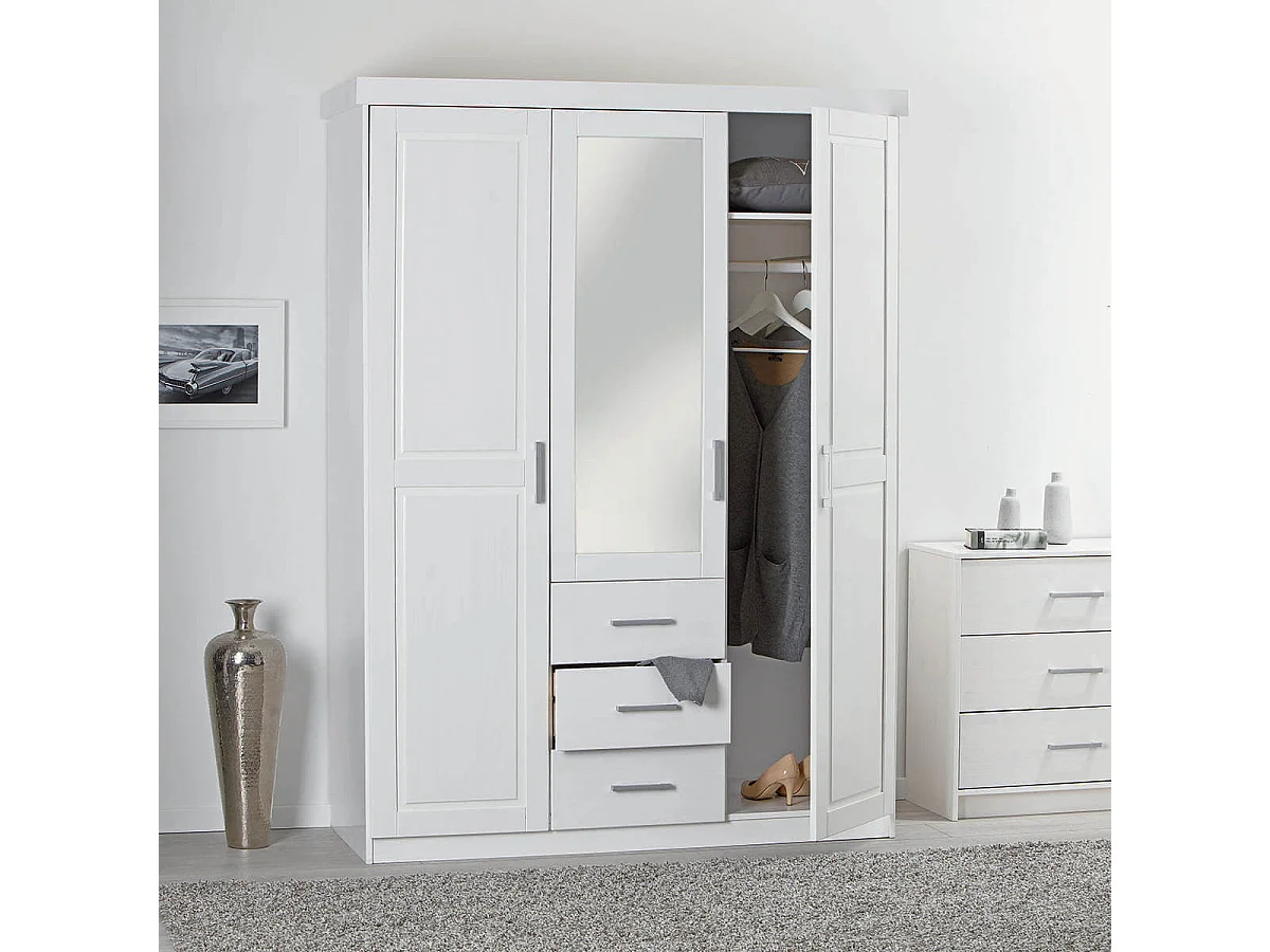 ALASKA - Armoire 3 Portes 1 Miroir Bois Massif Vernis Blanc