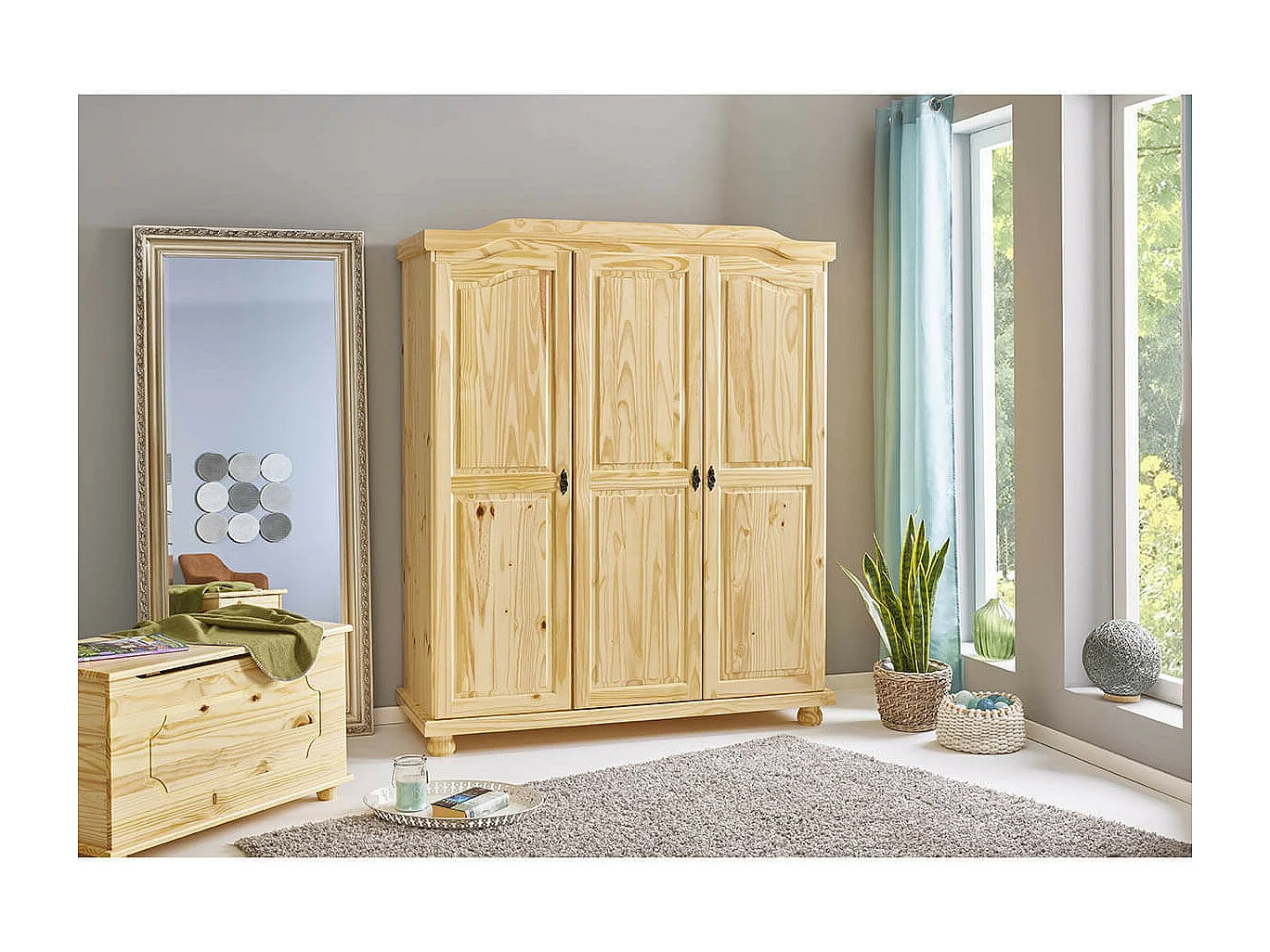 OLIVER - Armoire 3 Portes + Penderie Bois Massif Naturel