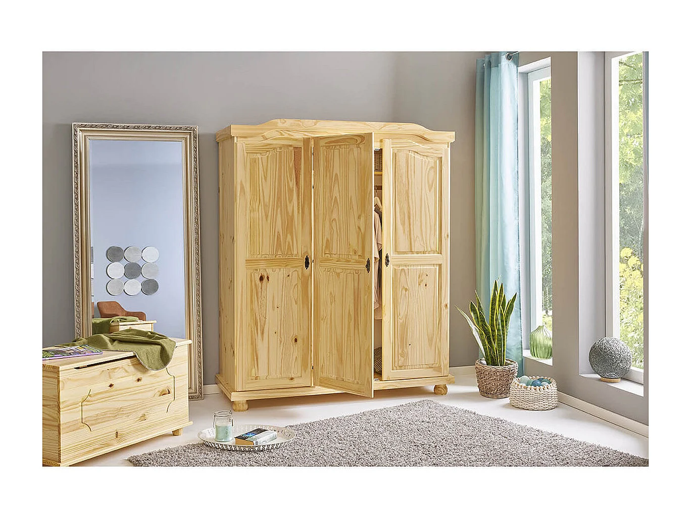 OLIVER - Armoire 3 Portes + Penderie Bois Massif Naturel