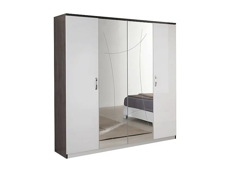 LUCIA - Armoire 4 Portes Laqué Blanc et Chêne Anthracite