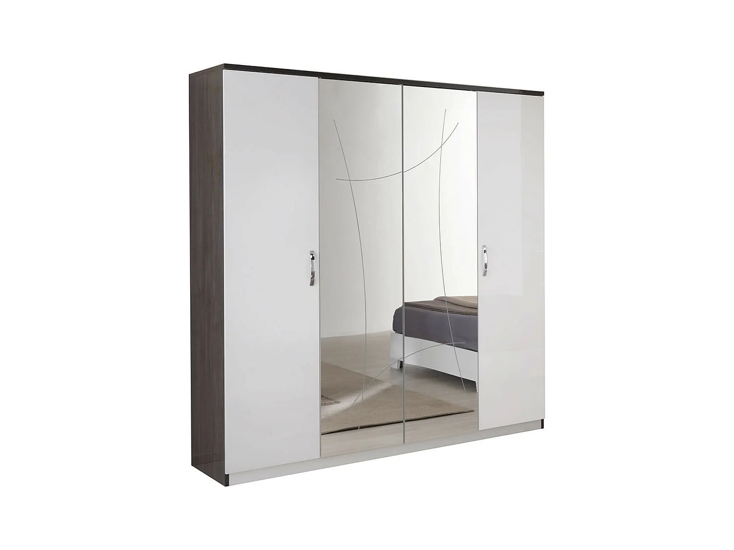LUCIA - Armoire 4 Portes Laqué Blanc et Chêne Anthracite